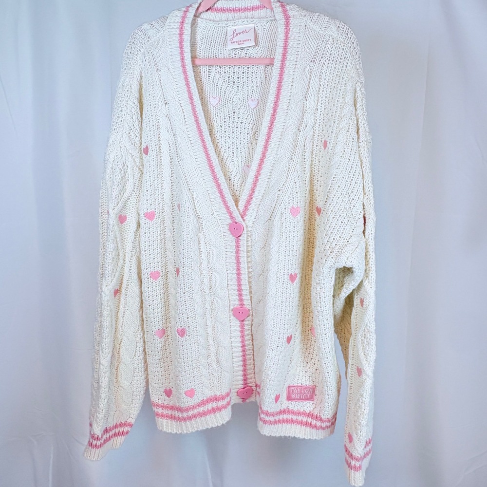 Taylor Swift Lover Cardigan Ivory Pink Embroidered Heart Knit Sweater XL/2XL EUC